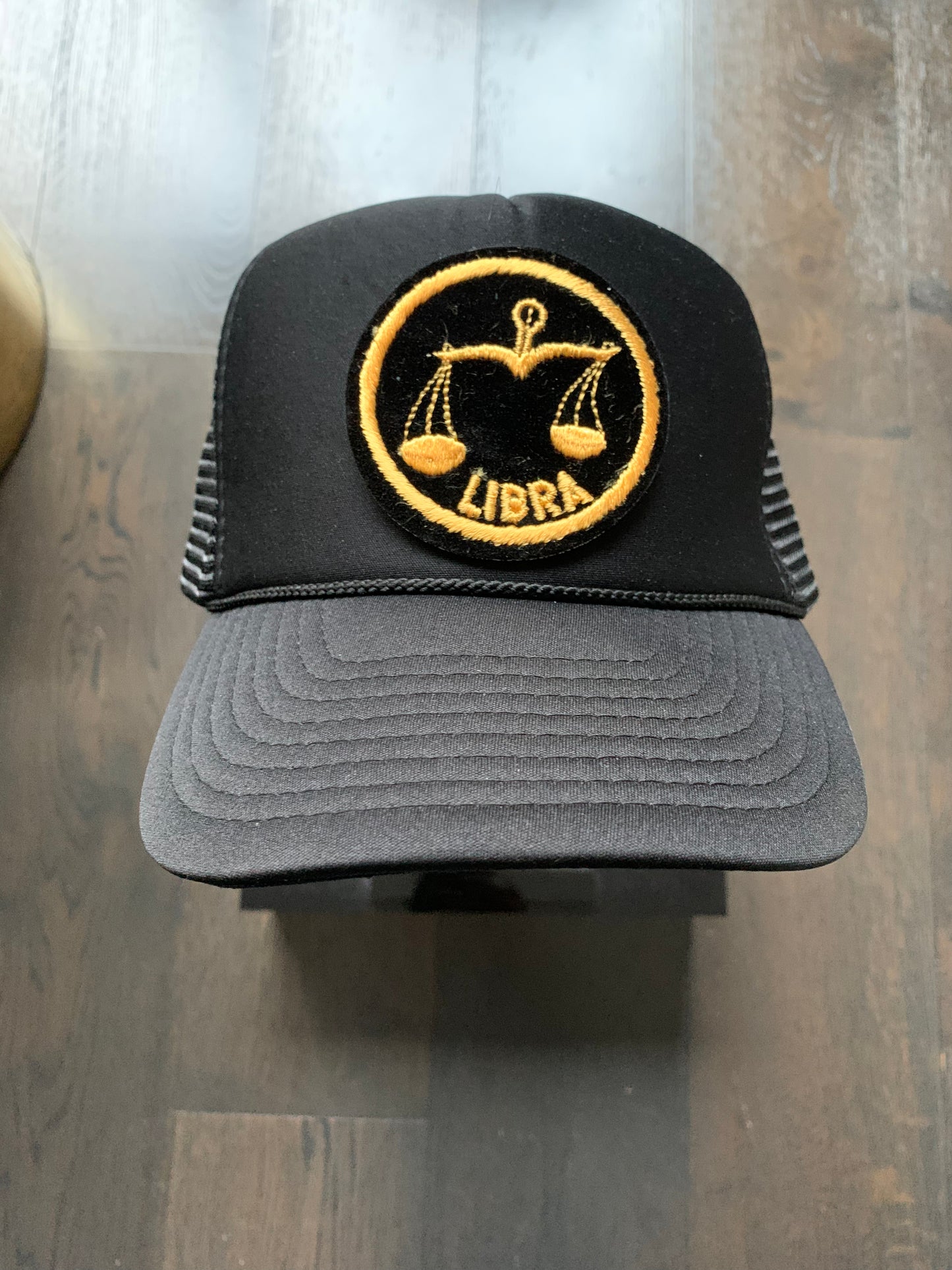 Vintage 70’s Libra Patch on New All Black Trucker Hat