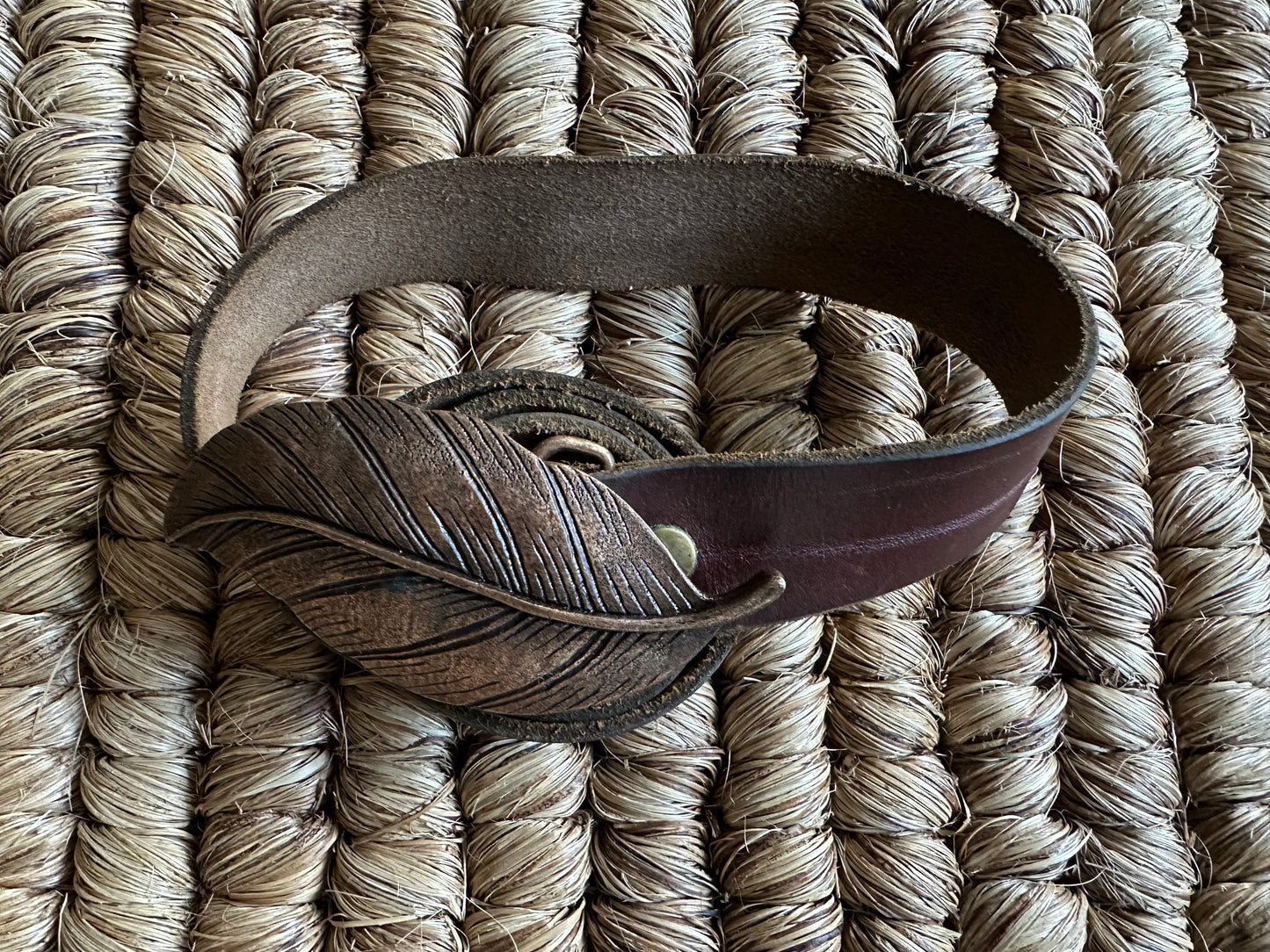 Vintage Leather Belt with Vintage Brushed Leaf Buckle