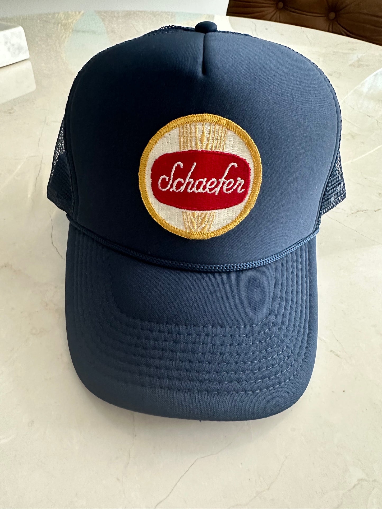 Vintage Schaefer Beer Patch on New All Blue Trucker Hat