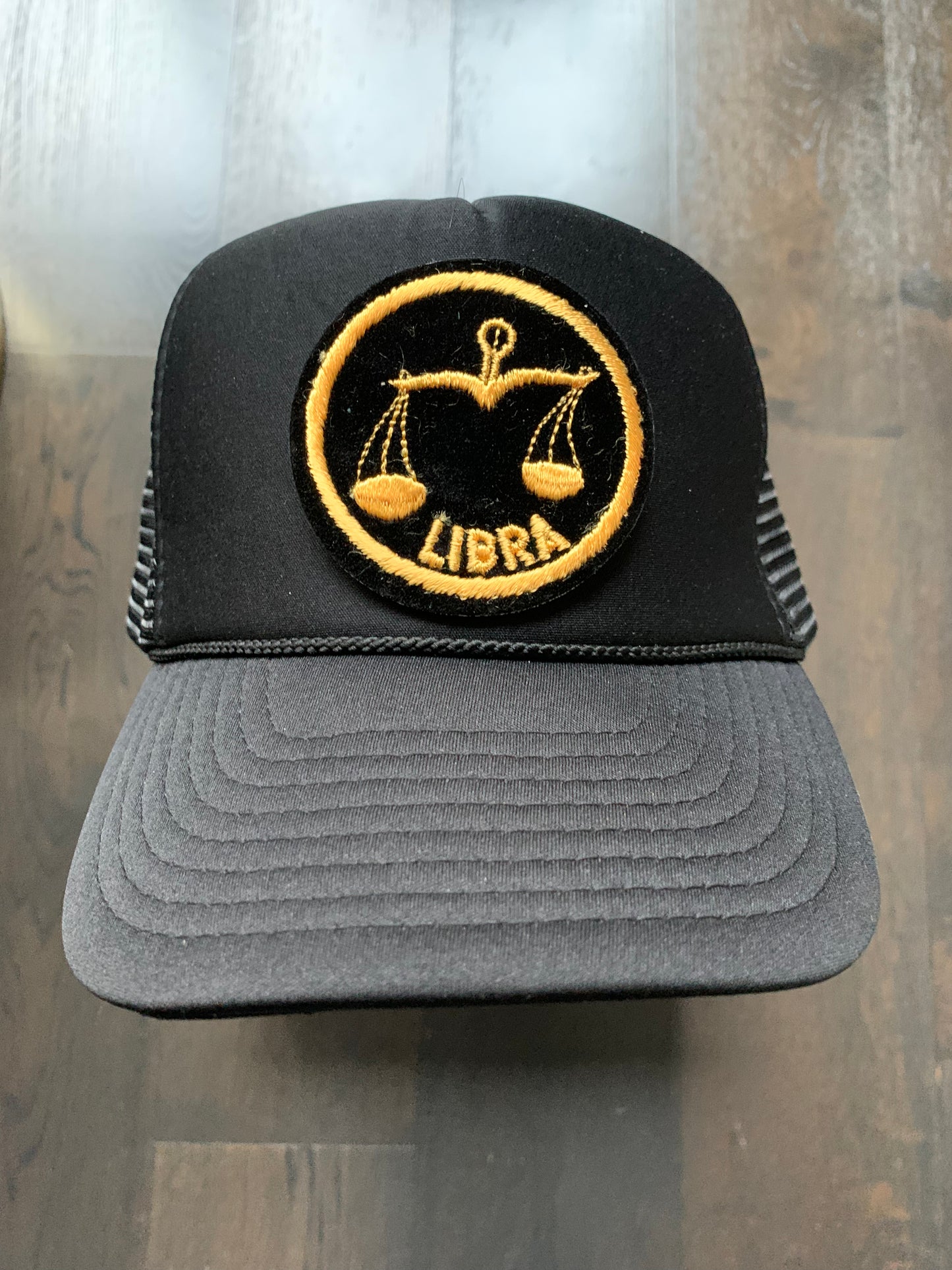 Vintage 70’s Libra Patch on New All Black Trucker Hat