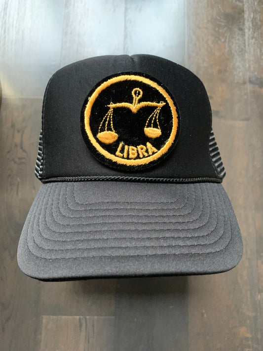 Vintage 70’s Libra Patch on New All Black Trucker Hat