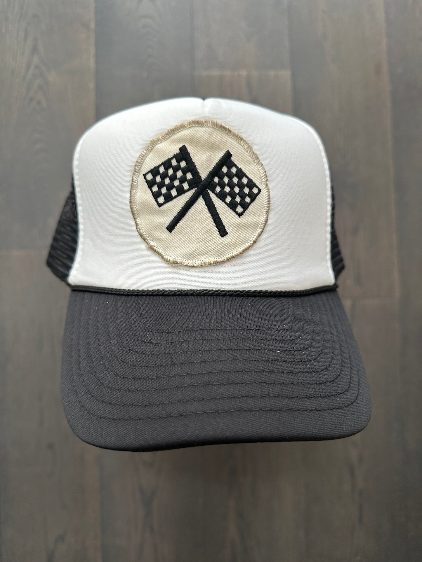 Vintage 80’s Racing Flag Patch on New Trucker Hat