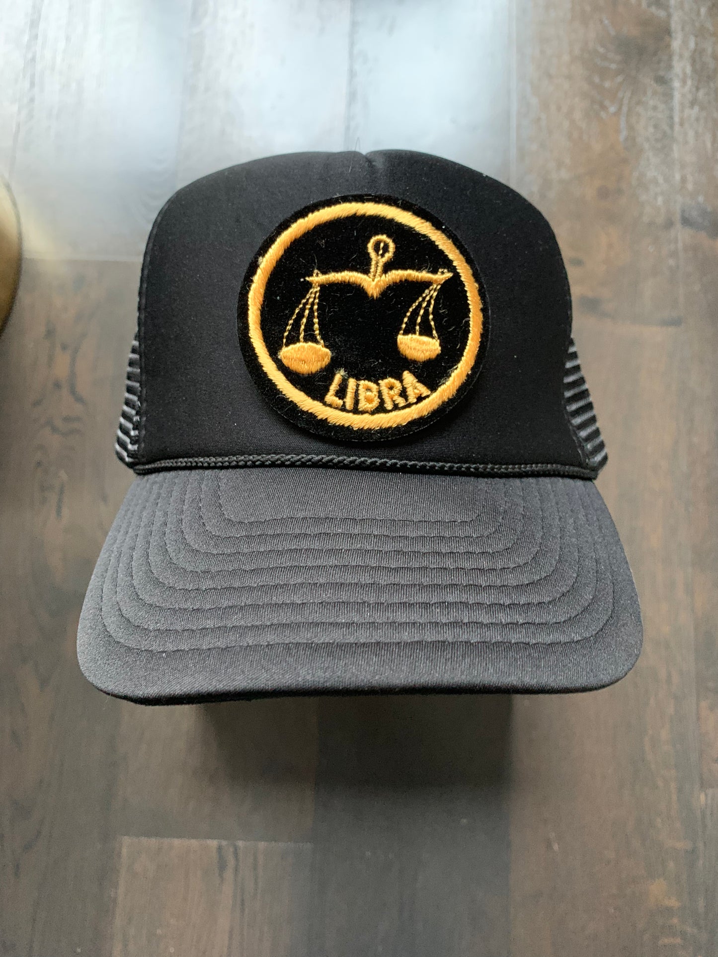 Vintage 70’s Libra Patch on New All Black Trucker Hat