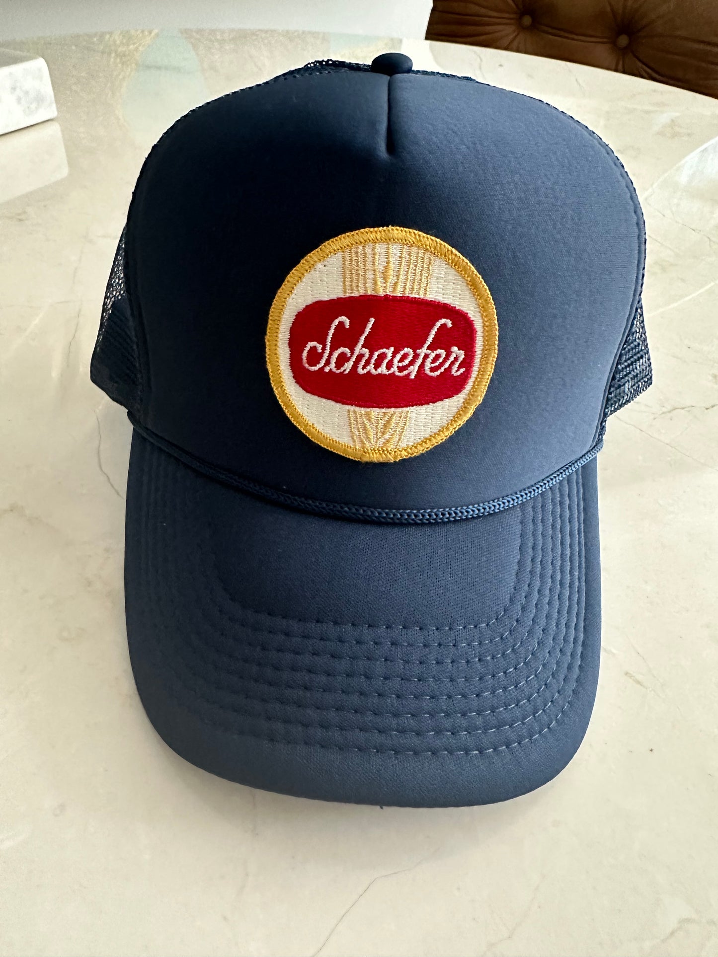 Vintage Schaefer Beer Patch on New All Blue Trucker Hat