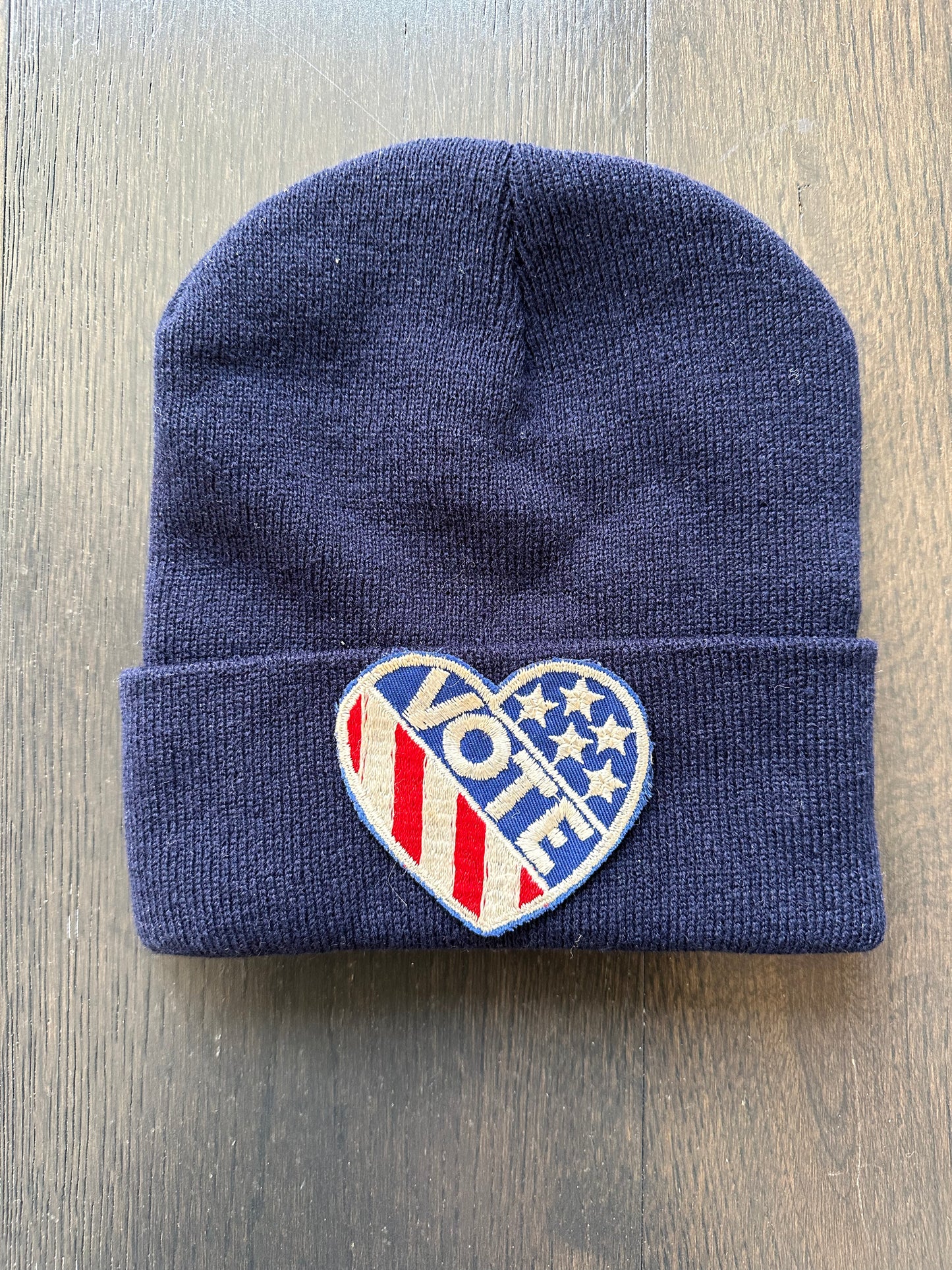 Vintage Vote Patch on New Navy Blue Beanie