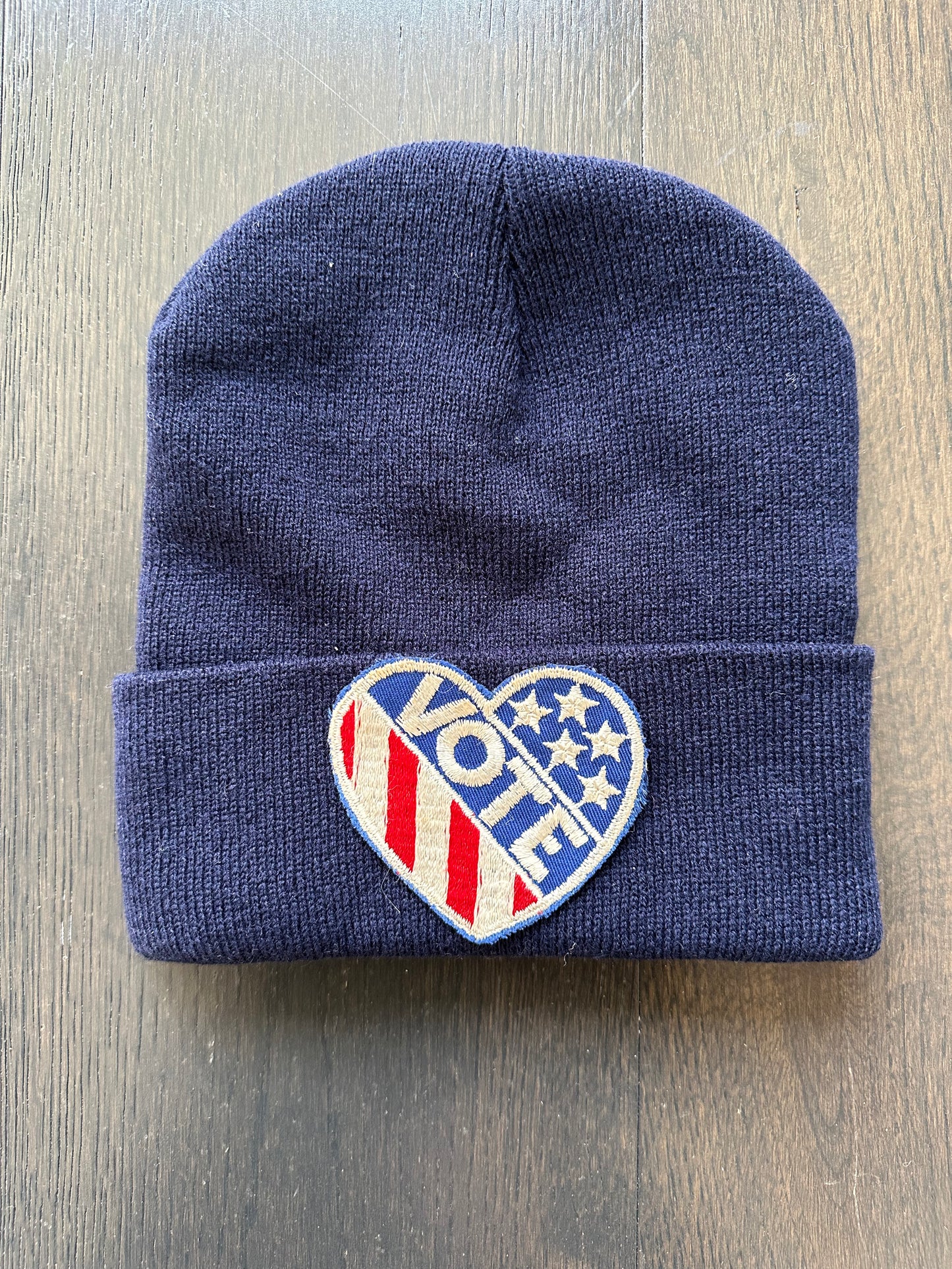 Vintage Vote Patch on New Navy Blue Beanie